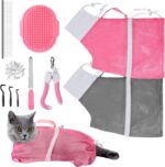 JULMELON Cat Washing Bag 10 PCS Set, Adjustable Cat Shower Net Bag and Pet Grooming Brush with Nail Clipper Nail File Hair Combs Tick Tool Nail Caps for Bathing Nail Trimming Examination(Pink+Grey) - Image 2
