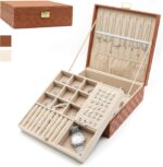 Jewelry Organizer Box, Jewelry Box Organizers for Women Girls, 2 Layers Large Leather Jewels Storage Case for Earring, Rings, Necklaces, Bracelets, Big and Small Jewellery, Watch, Ideal Gift (Brwon) - Image 2