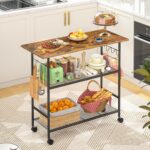 Kitchen Island with 3 Shelves, Rolling Kitchen Cart with 6 Hooks and Protective Shelf, Microwave Stand on Lockable Wheels, Bakers Rack Coffee Bar for Dining, Living Room, Outdoor, Metal Frame - Image 2