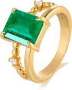MTMY Gold Simulated Emerald Rings - 14K Gold Plated Dainty Green Stacking & Statement Rings for Women, Size 6 to 8 - Image 2