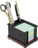 MyGift Modern Industrial Matte Black Metal Office Stationery Organizer with Sticky Note Holder, 2 Pen Storage Compartments and Rustic Burnt Solid Wood Base - Image 2