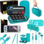 Orzly Switch Lite Accessories Bundle - Case & Screen Protector for Nintendo Switch Lite Console, USB Cable, Games Holder, Grip Case, Headphones, Thumb-Grip Pack & More (Gift Pack - Turquoise Blue) - Image 2