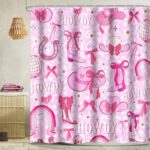 Pink Bow Western Shower Curtain Hot Pink Pretty Cute Bowknot Disco Cowgirl Shower Curtains for Teens Girls 72x72Inch Polyester Pink White Cow Print Trendy Bath Curtain Decor with 12Hooks - Image 2