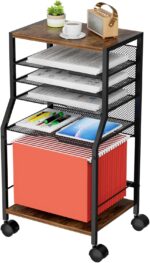 Rolling File Cart, 6-Tier Under Desk Organizer on Lockable Wheels, Brown Wood Planks & Mesh File Cart with Hanging File Folders Rack and Paper Trays for Office Home, 14.7" L x 11.8" D x 27.5" H - Image 2