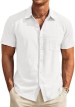 Runcati Mens Button Down Linen Shirt Short Sleeve Casual Vacation Shirts Summer Beach Wedding Tops with Pocket - Image 2