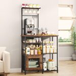 SWTYMIKI Bakers Rack with Storage - Coffee Bar Cabinet Organizer with 8 Hooks, Shelves & Cabinet Door, Coffee Station for Kitchen Dining Room, Microwave Stand with Adjustable Feet, Espresso - Image 2