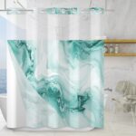 TYLCLTX No Hook Shower Curtain with Snap in Liner Teal Marble Modern Crack Ink Texture Double Layers Shower Curtain Waterproof Fabric See-Through Top Window Bathroom Decorative 71x83inch - Image 2