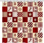 Tcoyodw Christmas Theme Grid Shower Curtain 72" x 72" Xmas Tree Candy Cane Deer Elk Snowflake Pattern Christmas Decorations Santa Party Decorations Waterproof Fabric Bathroom Curtain with 12 Hooks - Image 2