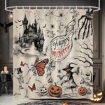 Vintage Halloween Shower Curtain, Gothic Spooky Castle Skull Ghost Pumpkin Shower Curtain Waterproof Polyester for Bathroom with 12 Hooks, 72 x 72 Inches - Image 2