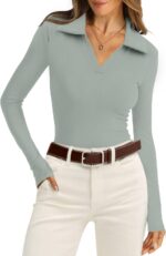 WIHOLL Womens Polo Shirts Long Sleeve Business Casual Tops Collared V Neck Ribbed Knit Sweater Slim Fit Blouses - Image 2