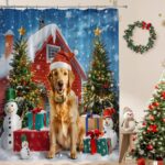 Winter Christmas Shower Curtain Funny Golden Retriever Dog Snowman Pine Tree Xmas Tree Ball Snowflake Rustic Farmhouse Nature Snow Scenery Holiday New Year Bathroom Curtain with Hook - Image 2