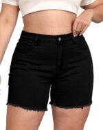Women Plus Size Jean Shorts Stretchy High Waisted Frayed Raw Hem Denim Shorts 5.5" Inseam - Image 2