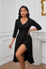 Womens Sexy Summer Midi Dress Casual Wrap V Neck 3/4 Sleeve Split Ruffle Hem Short Dresses with Pockets - Image 2