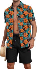 YTD Men's 2 Piece Outfits Tropical Print Short Sleeve Button Down Hawaiian Shirt and Beach Shorts Set - Image 2