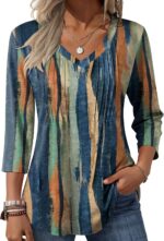 Zeagoo 3/4 Length Sleeve Womens Tops Casual V Neck Pleated Top Boho Floral Blouses Work Shirts - Image 2