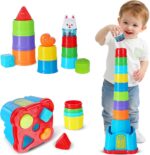 iPlay, iLearn Baby Stacking Toys, Toddler Nesting Stack Cups, Infant Stackable Block, Kids Sorting Game W/Shape Sorter for Sand Bath, Birthday Gift for 12 18 24 Month 1 2 3 Year Old Boys Girls - Image 2