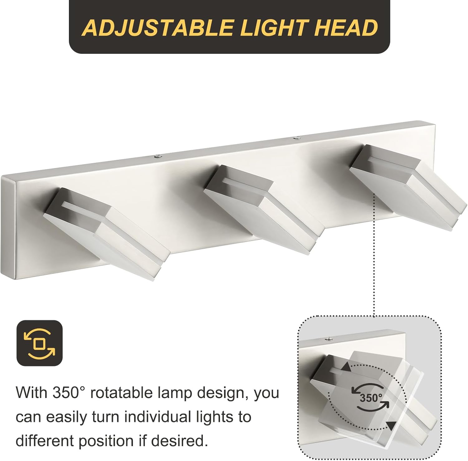 OKELI 3 Light Bathroom Vanity Light Brushed Nickel Modern 24W LED Dimmable Vanity Light Over Mirror 350° Adjustable Lamp Head Cold White 6000K ETL Listed 22Inch - Image 3