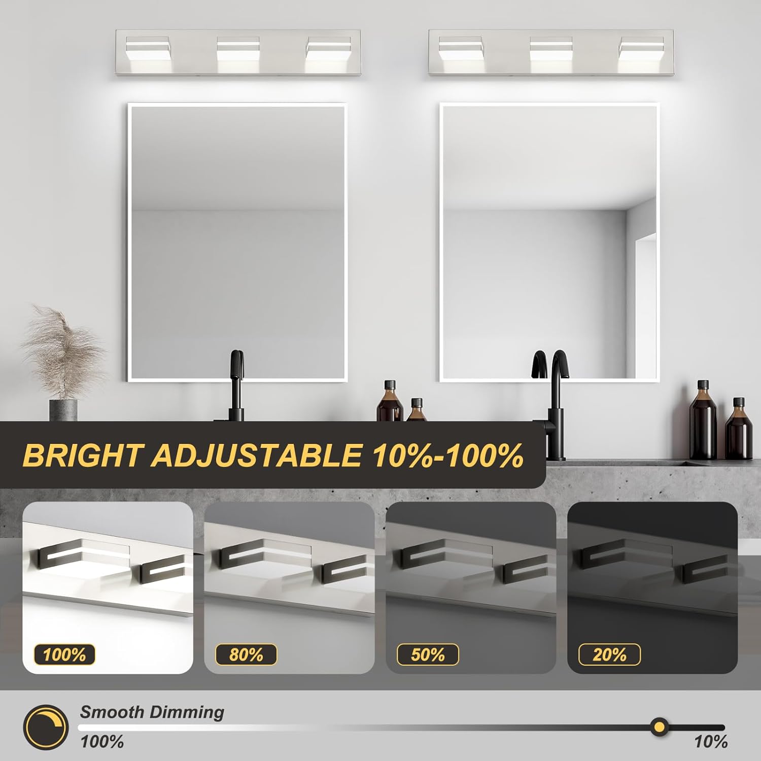 OKELI 3 Light Bathroom Vanity Light Brushed Nickel Modern 24W LED Dimmable Vanity Light Over Mirror 350° Adjustable Lamp Head Cold White 6000K ETL Listed 22Inch - Image 4