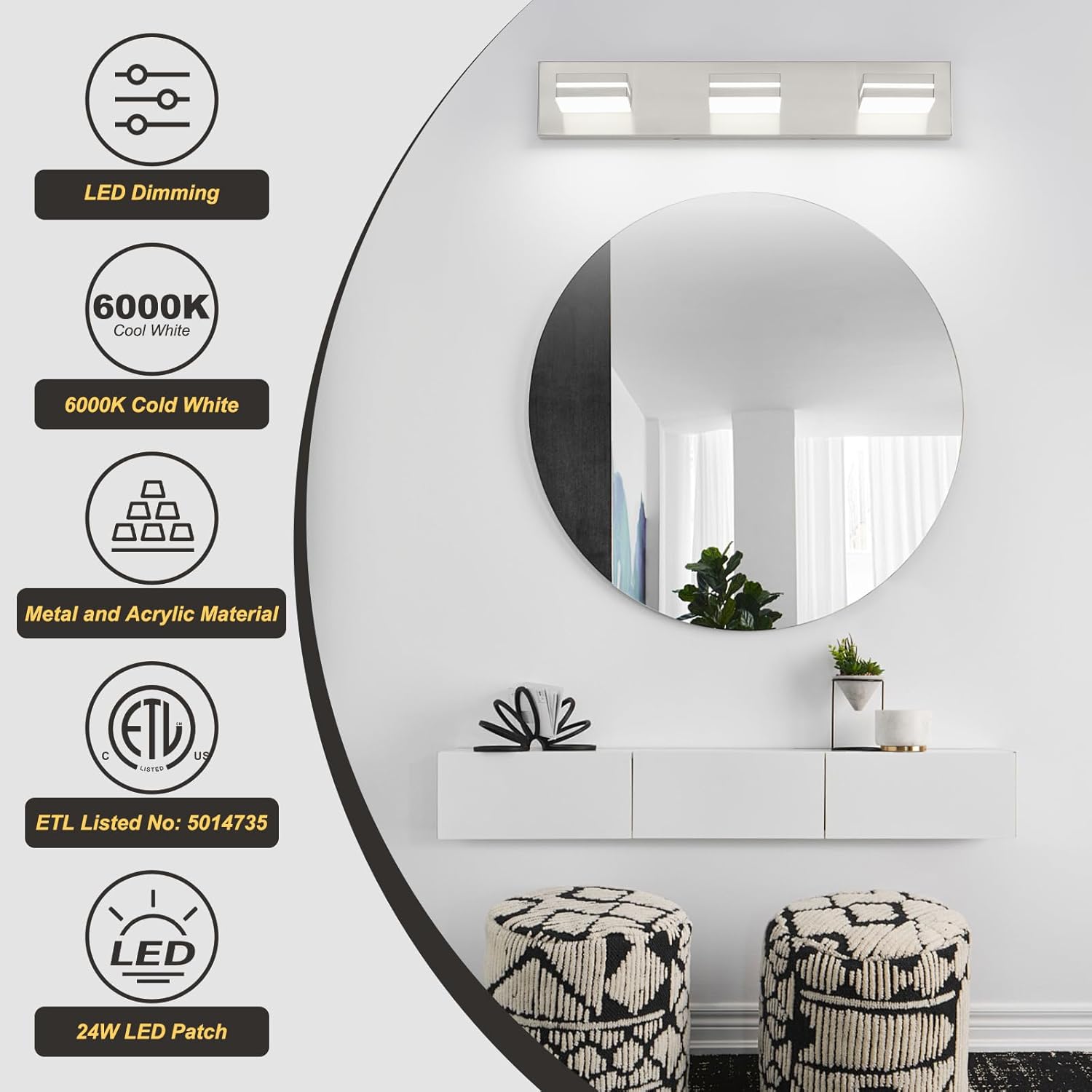 OKELI 3 Light Bathroom Vanity Light Brushed Nickel Modern 24W LED Dimmable Vanity Light Over Mirror 350° Adjustable Lamp Head Cold White 6000K ETL Listed 22Inch - Image 5