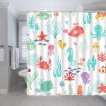 Cartoon Sea Animal Shower Curtain Nautical Ocean Underwater Coastal Beach Sea Marine Animal Dolphin Octopus Seaweed Boys Girls White Polyester Fabric Bathroom Curtain Sets Hooks 70 x 70 Inch - Image 3