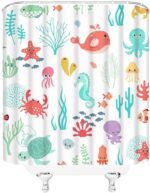 Cartoon Sea Animal Shower Curtain Nautical Ocean Underwater Coastal Beach Sea Marine Animal Dolphin Octopus Seaweed Boys Girls White Polyester Fabric Bathroom Curtain Sets Hooks 70 x 70 Inch - Image 4