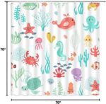 Cartoon Sea Animal Shower Curtain Nautical Ocean Underwater Coastal Beach Sea Marine Animal Dolphin Octopus Seaweed Boys Girls White Polyester Fabric Bathroom Curtain Sets Hooks 70 x 70 Inch - Image 7
