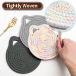 7" Pure Cotton Trivets Set with 0.35" Thick, 3Pcs Woven Trivets for Hot Dishes, Pots and Pans, Cute Cat Kitchen Accessories for Countertops Heat Resistant Washable Cat Decor Gift (Gray) - Image 4