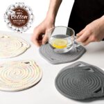 7" Pure Cotton Trivets Set with 0.35" Thick, 3Pcs Woven Trivets for Hot Dishes, Pots and Pans, Cute Cat Kitchen Accessories for Countertops Heat Resistant Washable Cat Decor Gift (Gray) - Image 5