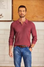 COOFANDY Mens Knit Polo Sweater V-Neck Long Sleeve Textured Lightweight Casual Dress Pullover Fall Sweaters - Image 4