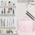 Quilted Makeup Bag, Large Makeup Bag, Cute Cosmetic Bag for Women Girls, Floral Coquette Aesthetic Travel Toiletry Make Up Organizer Bag-Light Pink - Image 3