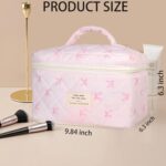 Quilted Makeup Bag, Large Makeup Bag, Cute Cosmetic Bag for Women Girls, Floral Coquette Aesthetic Travel Toiletry Make Up Organizer Bag-Light Pink - Image 4