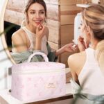Quilted Makeup Bag, Large Makeup Bag, Cute Cosmetic Bag for Women Girls, Floral Coquette Aesthetic Travel Toiletry Make Up Organizer Bag-Light Pink - Image 5