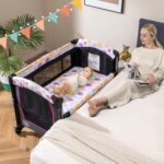BABY JOY 4 in 1 Pink Pack and Play, Baby Bedside Sleeper with 3 Adjustable Heights, Music Box, Foldable Bedside Crib w/Changing Table, Baby Playards with Bassinet from Newborn to Toddlers Rose - Image 3