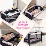 BABY JOY 4 in 1 Pink Pack and Play, Baby Bedside Sleeper with 3 Adjustable Heights, Music Box, Foldable Bedside Crib w/Changing Table, Baby Playards with Bassinet from Newborn to Toddlers Rose - Image 4