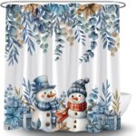 Winter Snowman Christmas Shower Curtain Cute Blue Snowman Snowflake Poinsettia Floral Eucalyptus Leaves Plant Holiday Happy New Year Fabric Bathroom Curtain Set with Hook - Image 3