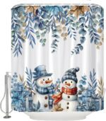 Winter Snowman Christmas Shower Curtain Cute Blue Snowman Snowflake Poinsettia Floral Eucalyptus Leaves Plant Holiday Happy New Year Fabric Bathroom Curtain Set with Hook - Image 4