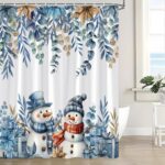 Winter Snowman Christmas Shower Curtain Cute Blue Snowman Snowflake Poinsettia Floral Eucalyptus Leaves Plant Holiday Happy New Year Fabric Bathroom Curtain Set with Hook - Image 5