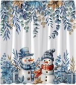 Winter Snowman Christmas Shower Curtain Cute Blue Snowman Snowflake Poinsettia Floral Eucalyptus Leaves Plant Holiday Happy New Year Fabric Bathroom Curtain Set with Hook - Image 6