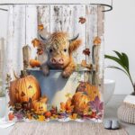 Lofaris Highland Cow Shower Curtain Sets Autumn Fall Western Farmhouse Wooden Funny Cattl Rustic Animal Bathroom Curtain Waterproof for Bathtub Decor 72x72 Inches with 12 Hooks - Image 3