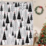 Christmas Shower Curtain Black and White Xmas Tree Stars Winter Pine New Year Holiday Bath Decor Curtain with Hooks - Image 3