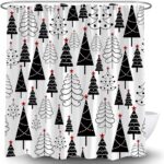 Christmas Shower Curtain Black and White Xmas Tree Stars Winter Pine New Year Holiday Bath Decor Curtain with Hooks - Image 5