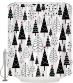 Christmas Shower Curtain Black and White Xmas Tree Stars Winter Pine New Year Holiday Bath Decor Curtain with Hooks - Image 6