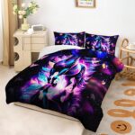 Purple Unicorn Comforter Set Full Size for Girls Kids, Cartoon Kawaii Unicorn with Butterfly Print Down Comforter, Galaxy Stars Fantasy Girls Room Decor Children Bedding - Image 3