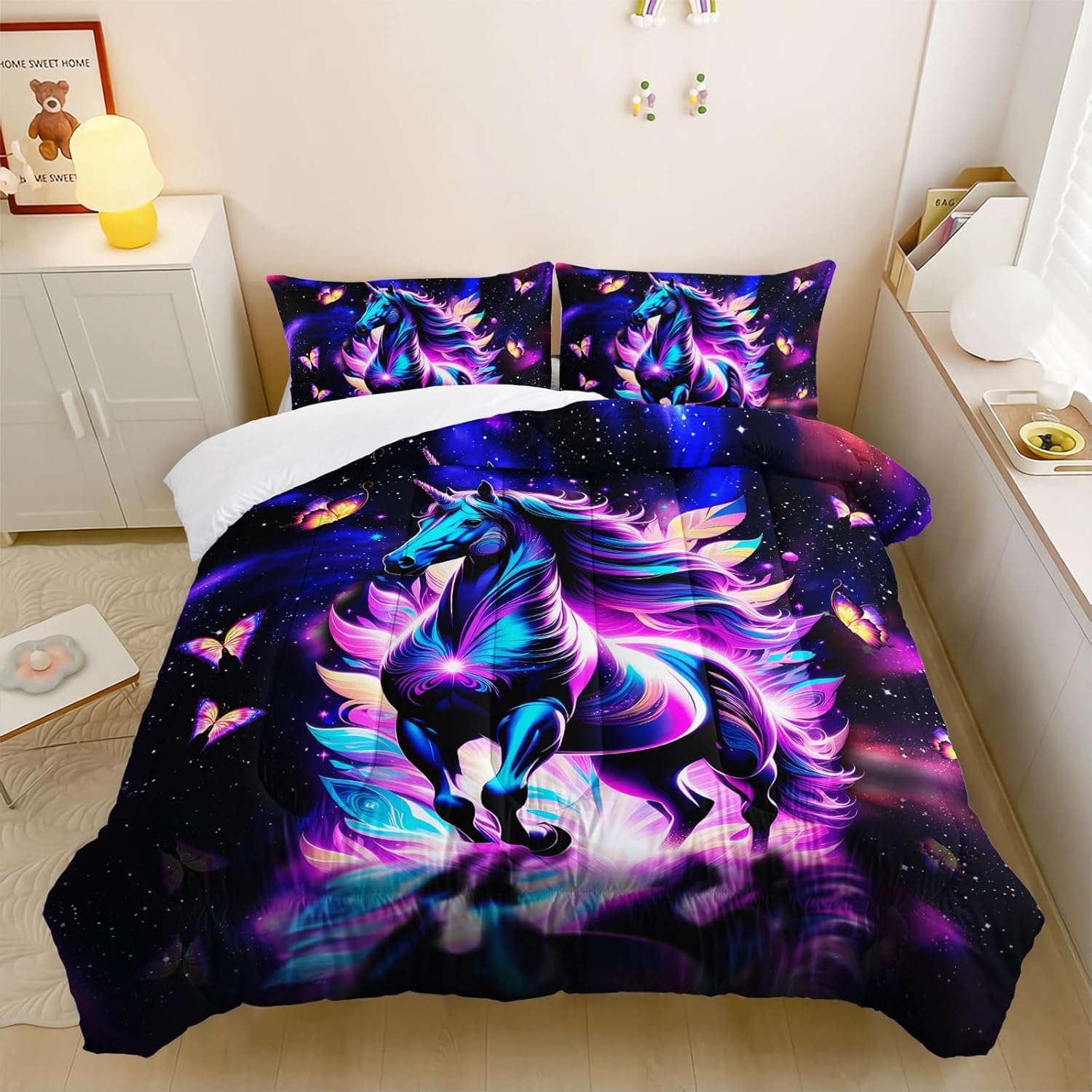 Purple Unicorn Comforter Set Full Size for Girls Kids, Cartoon Kawaii Unicorn with Butterfly Print Down Comforter, Galaxy Stars Fantasy Girls Room Decor Children Bedding - Image 4
