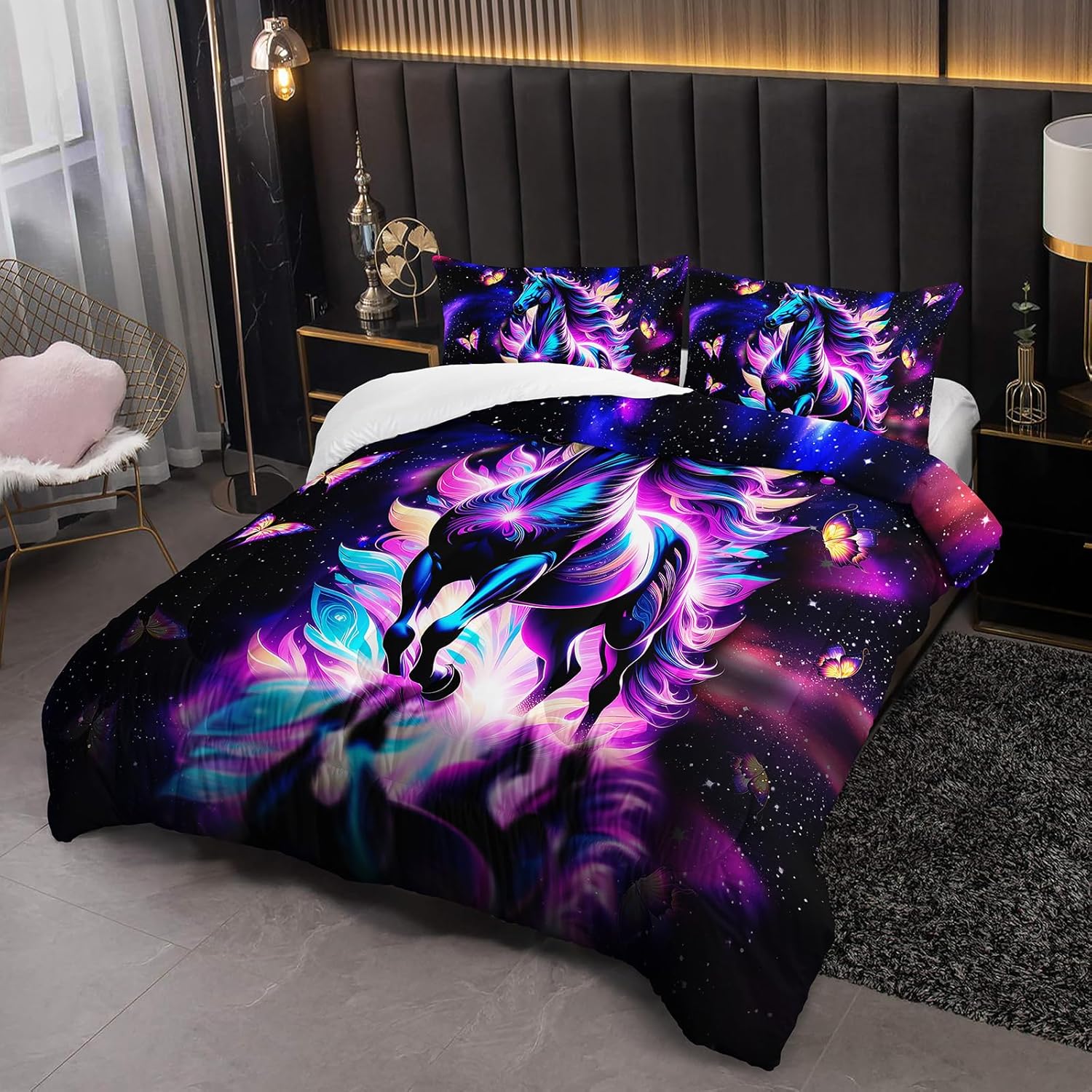 Purple Unicorn Comforter Set Full Size for Girls Kids, Cartoon Kawaii Unicorn with Butterfly Print Down Comforter, Galaxy Stars Fantasy Girls Room Decor Children Bedding - Image 5
