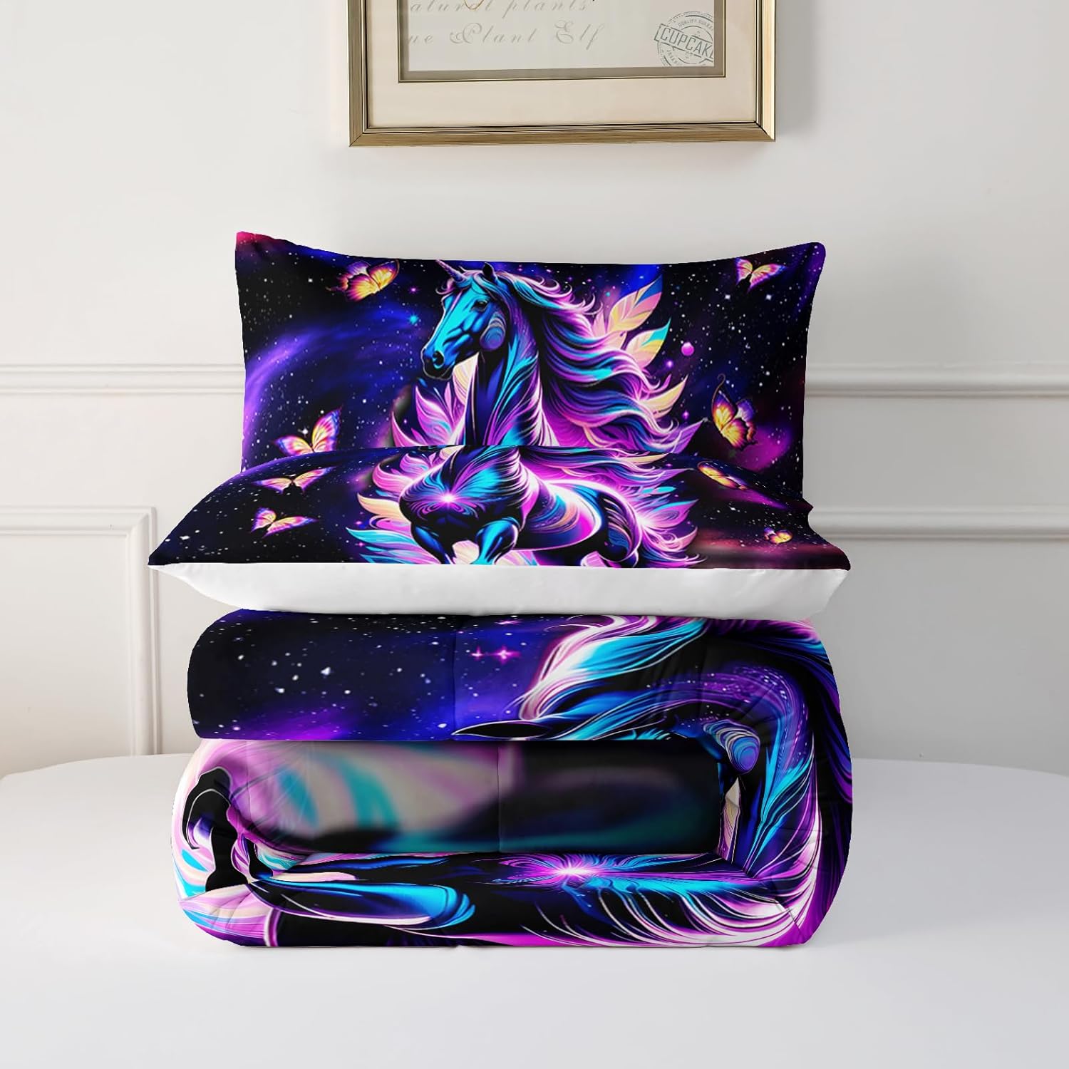 Purple Unicorn Comforter Set Full Size for Girls Kids, Cartoon Kawaii Unicorn with Butterfly Print Down Comforter, Galaxy Stars Fantasy Girls Room Decor Children Bedding - Image 6