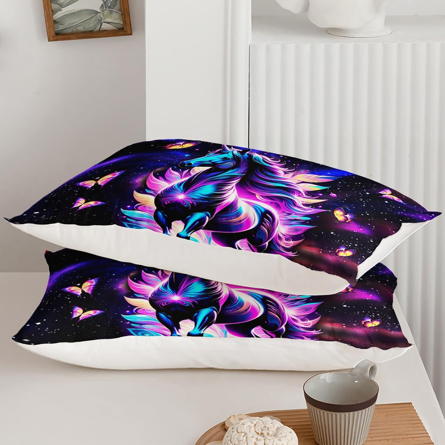 Purple Unicorn Comforter Set Full Size for Girls Kids, Cartoon Kawaii Unicorn with Butterfly Print Down Comforter, Galaxy Stars Fantasy Girls Room Decor Children Bedding - Image 8