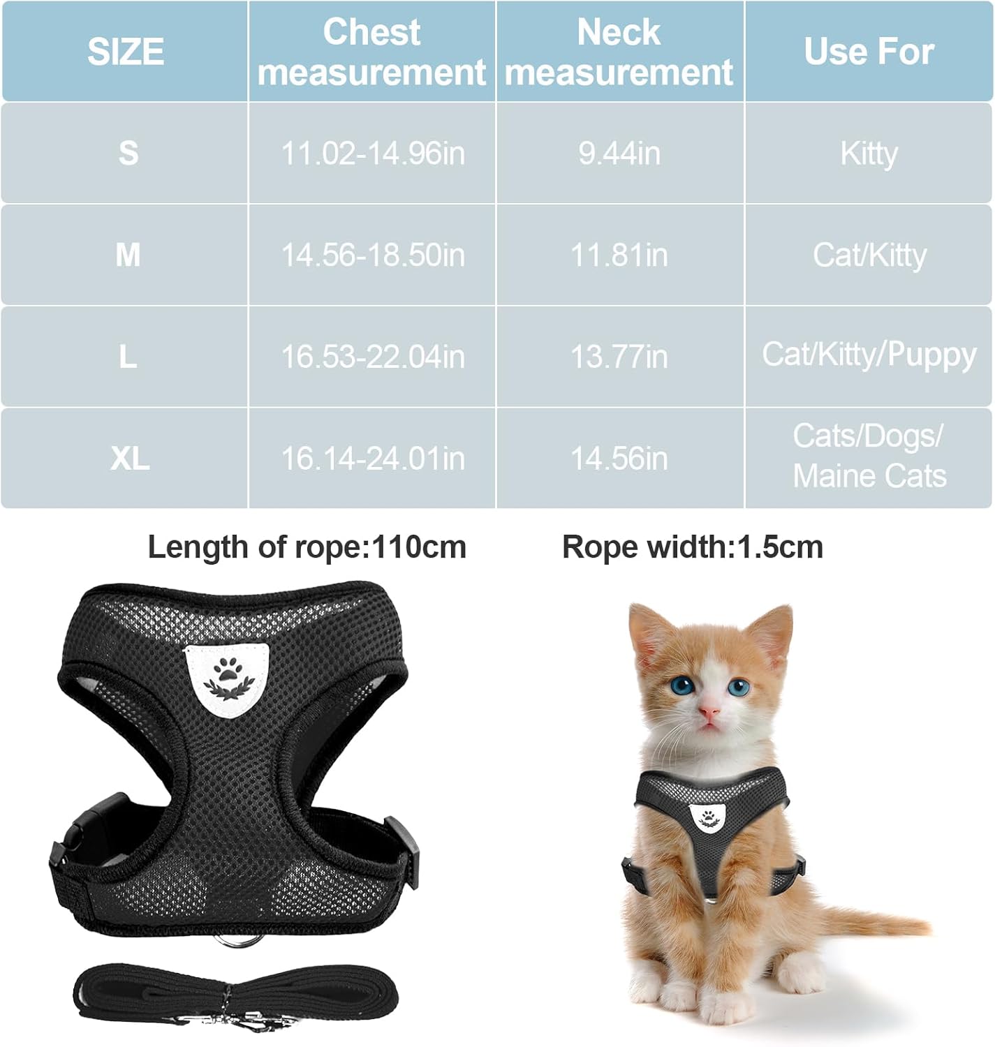 shudyear Summer cat Chest Harness and Leash, Anti-Escape Adjustable Soft mesh cat Leash and Chest Harness Set for All Types of Cats cat Vests (Size S,Black) - Image 3