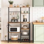 HOOBRO Large Bakers Rack with Power Outlets, 6-Tier Microwave Stand with 4 Hooks, Coffee Bar, Kitchen Shelf with Wire Basket, for Kitchen, Living Room, Office, Rustic Brown and Black BF64UHB01 - Image 3