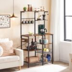 HOOBRO Large Bakers Rack with Power Outlets, 6-Tier Microwave Stand with 4 Hooks, Coffee Bar, Kitchen Shelf with Wire Basket, for Kitchen, Living Room, Office, Rustic Brown and Black BF64UHB01 - Image 9